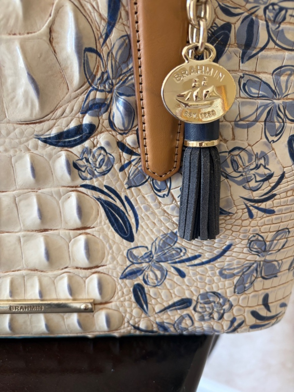 Floral Embossed Croc-Texture Tote with Tassel Charm - Cream & Navy - Picture 4 of 5